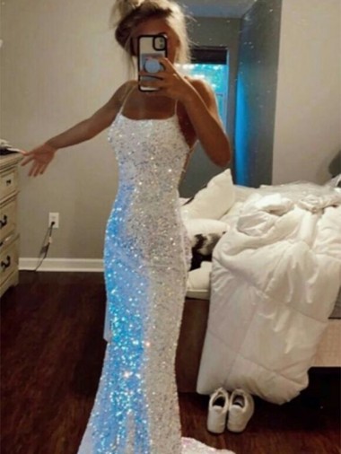 Affordable Sleeveless Spaghetti Straps Velvet Sequin Sweep Train Evening Dress