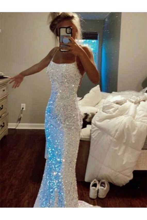 Affordable Sleeveless Spaghetti Straps Velvet Sequin Sweep Train Evening Dress