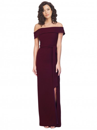 Affordable Sleeveless Square Neck Stretch Crepe Burgundy Gold Long Formal Evening Dress