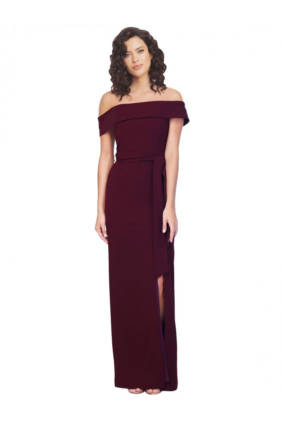 Affordable Sleeveless Square Neck Stretch Crepe Burgundy Gold Long Formal Evening Dress