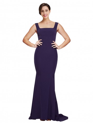 Affordable Sleeveless Square Neck Stretch Crepe Dark Navy Sweep Train Semi Formal Evening Dress