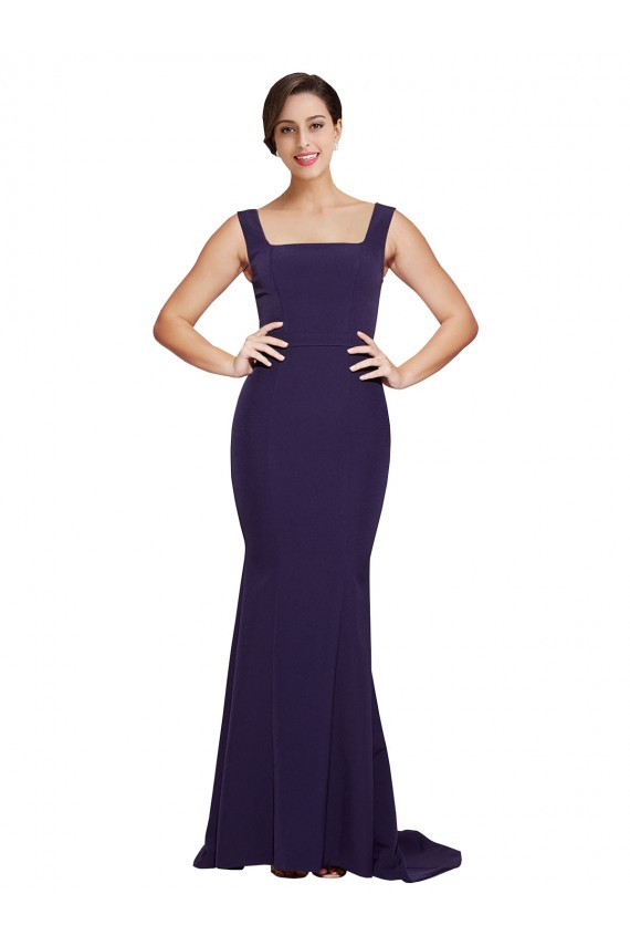 Affordable Sleeveless Square Neck Stretch Crepe Dark Navy Sweep Train Semi Formal Evening Dress
