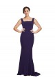 Affordable Sleeveless Square Neck Stretch Crepe Dark Navy Sweep Train Semi Formal Evening Dress