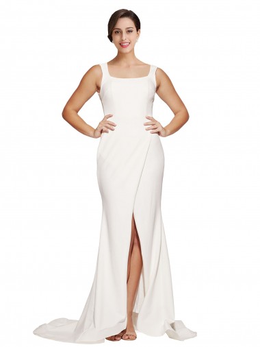 Affordable Sleeveless Square Neck Stretch Crepe Ivory Sweep Train Semi Formal Evening Dress