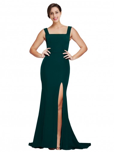 Affordable Sleeveless Square Neck Stretch Crepe Midnight Green Sweep Train Semi Formal Evening Dress