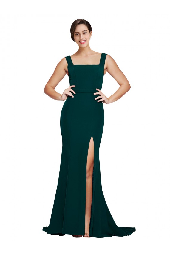 Affordable Sleeveless Square Neck Stretch Crepe Midnight Green Sweep Train Semi Formal Evening Dress