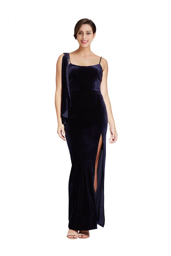 Affordable Sleeveless Square Neck Stretch Velvet Dark Navy Long Formal Evening Dress