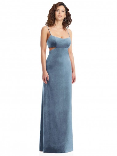 Affordable Sleeveless Square Neck Stretch Velvet Dusty Blue Long Formal Evening Dress