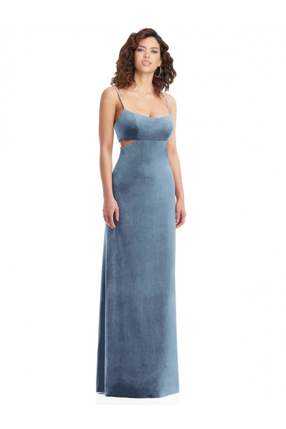 Affordable Sleeveless Square Neck Stretch Velvet Dusty Blue Long Formal Evening Dress