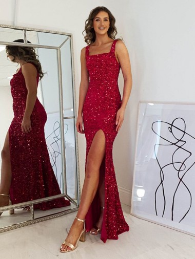 Affordable Sleeveless Square Neck Velvet Sequin Burgundy Long Evening Dress