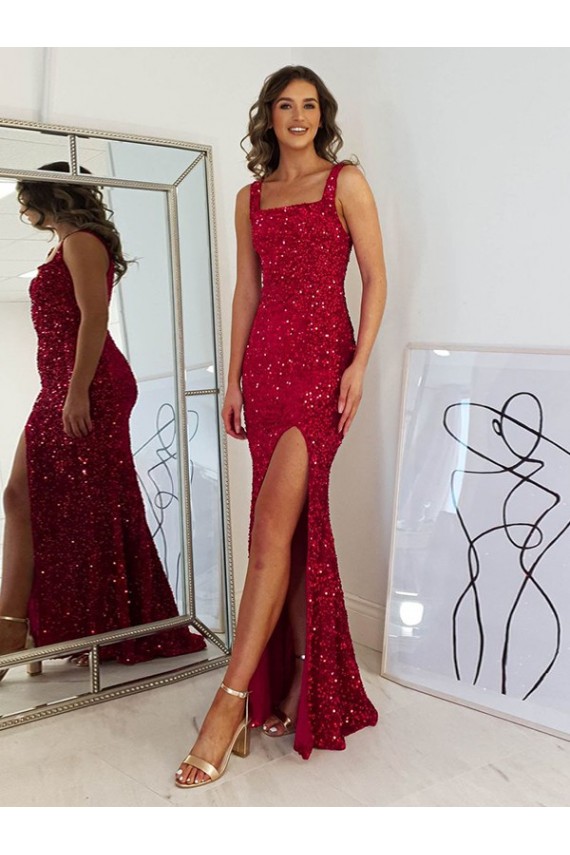 Affordable Sleeveless Square Neck Velvet Sequin Burgundy Long Evening Dress