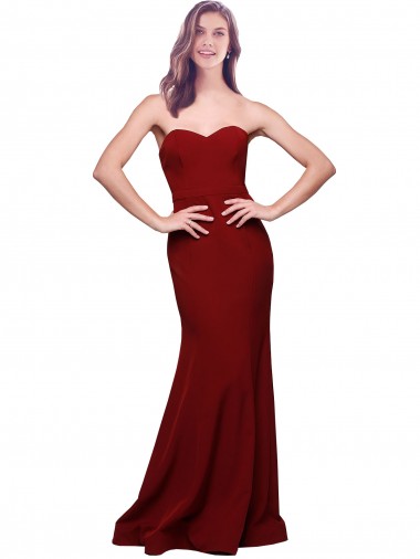 Affordable Sleeveless Strapless Stretch Crepe Burgundy Long Formal Evening Dress