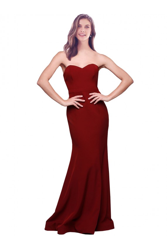 Affordable Sleeveless Strapless Stretch Crepe Burgundy Long Formal Evening Dress