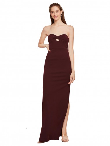 Affordable Sleeveless Strapless Stretch Crepe Burgundy Gold Long Formal Evening Dress