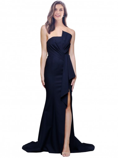 Affordable Sleeveless Strapless Stretch Crepe Dark Navy Sweep Train Semi Formal Evening Dress