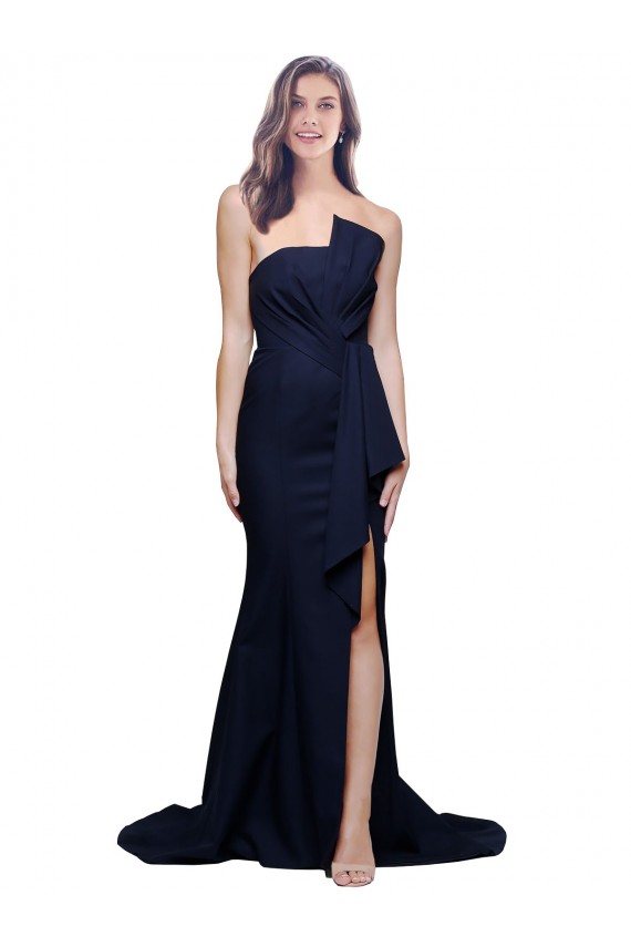 Affordable Sleeveless Strapless Stretch Crepe Dark Navy Sweep Train Semi Formal Evening Dress