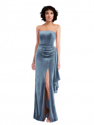 Affordable Sleeveless Strapless Stretch Velvet Dusty Blue Long Formal Evening Dress