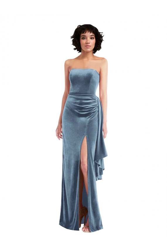Affordable Sleeveless Strapless Stretch Velvet Dusty Blue Long Formal Evening Dress
