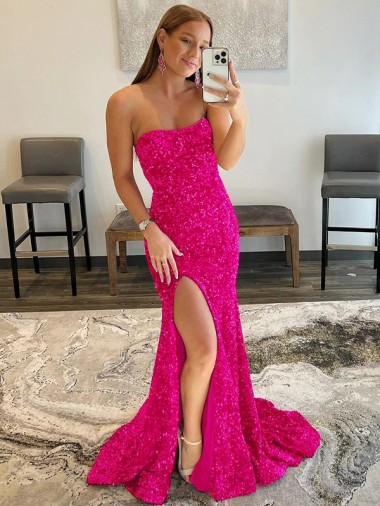 Affordable Sleeveless Strapless Velvet Sequin Fuchsia Sweep Train Evening Dress