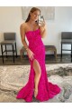 Affordable Sleeveless Strapless Velvet Sequin Fuchsia Sweep Train Evening Dress