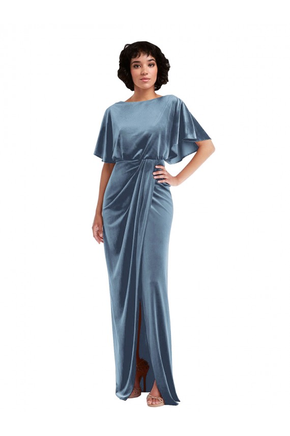 Affordable Flutter Sleeves Stretch Velvet Dusty Blue Long Semi Formal Evening Dress