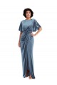 Affordable Flutter Sleeves Stretch Velvet Dusty Blue Long Semi Formal Evening Dress