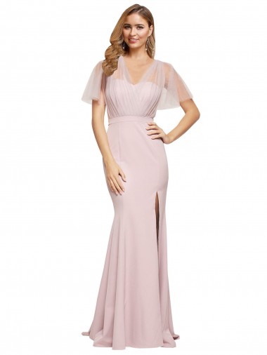 Affordable Short Sleeves Sweetheart Stretch Crepe & Tulle Mauve Long Formal Evening Dress
