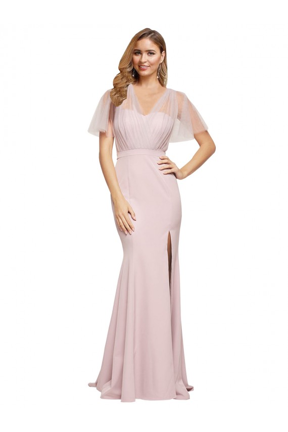 Affordable Short Sleeves Sweetheart Stretch Crepe & Tulle Mauve Long Formal Evening Dress