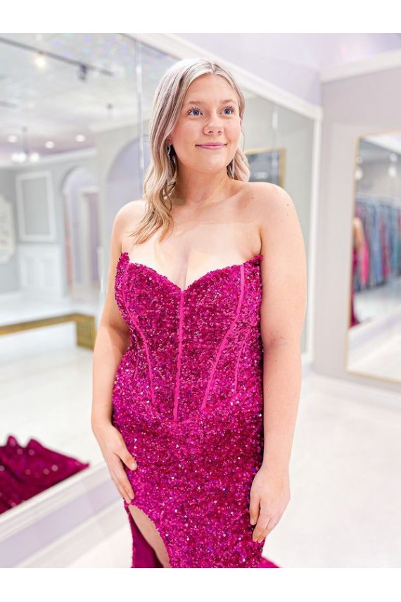Affordable Sleeveless Sweetheart Velvet Sequin Sweep Train Evening Dress