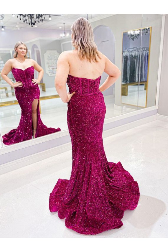 Affordable Sleeveless Sweetheart Velvet Sequin Sweep Train Evening Dress