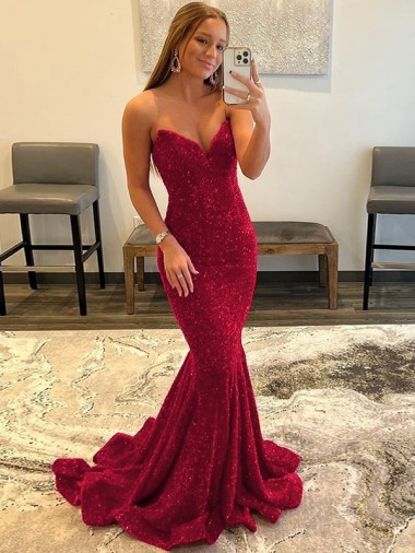 Affordable Sleeveless Sweetheart Velvet Sequin Burgundy Sweep Train Evening Dress