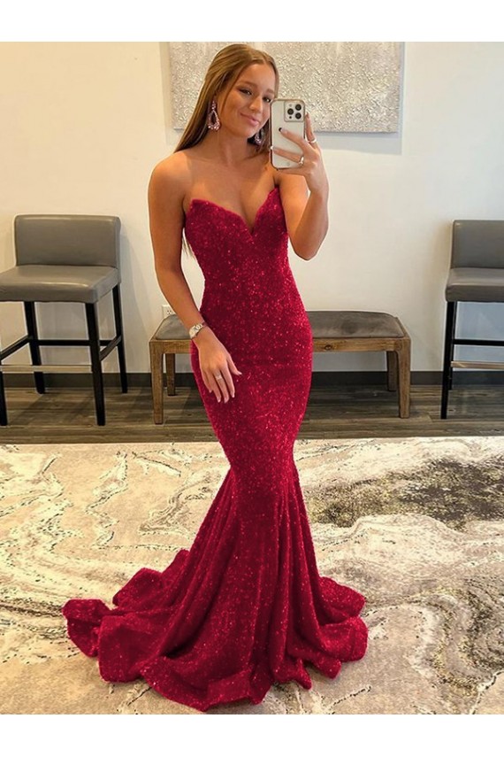 Affordable Sleeveless Sweetheart Velvet Sequin Burgundy Sweep Train Evening Dress