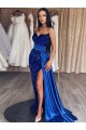 Affordable Sleeveless Sweetheart Velvet Sequin Royal Blue Sweep Train Evening Dresses