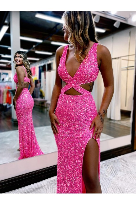 Affordable Sleeveless V-Neck Velvet Sequin Long Sweep Train Evening Dress