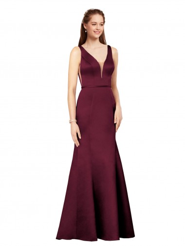 Affordable Sleeveless V-Neck Satin Burgundy Long Formal Evening Gowns