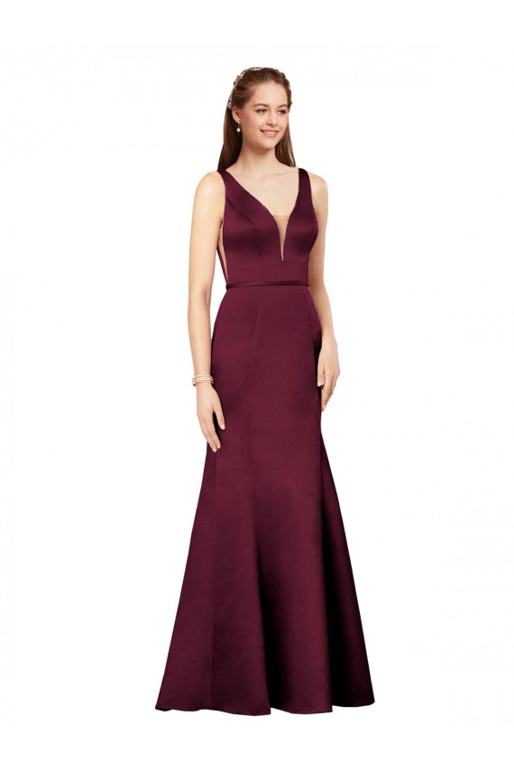 Affordable Sleeveless V-Neck Satin Burgundy Long Formal Evening Gowns