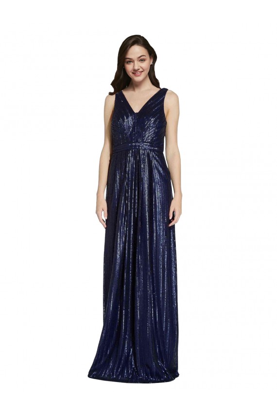Affordable Sleeveless V-Neck Sequin Dark Navy Sheath Long Formal Evening Dress