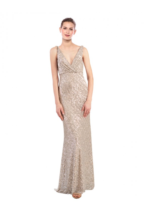 Affordable Sleeveless V-Neck Sequin & Sparkling Sequin Silver Long Formal Evening Dress