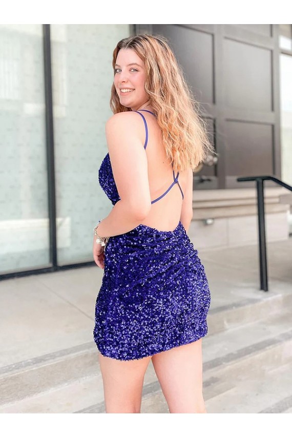 Affordable Sleeveless V-Neck Velvet Sequin Short Cocktail Evening Gowns