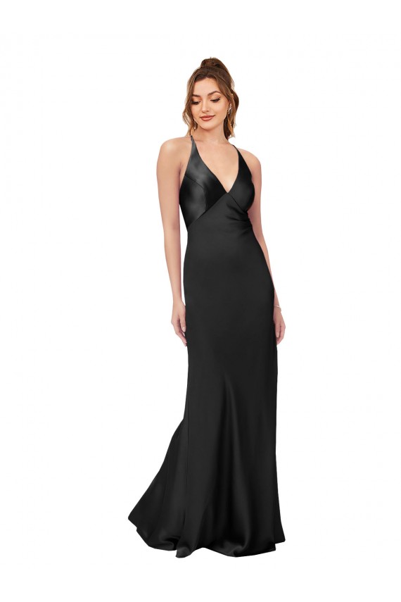 Affordable Sleeveless V-Neck Silky Satin Black Long Black Tie Evening Dress