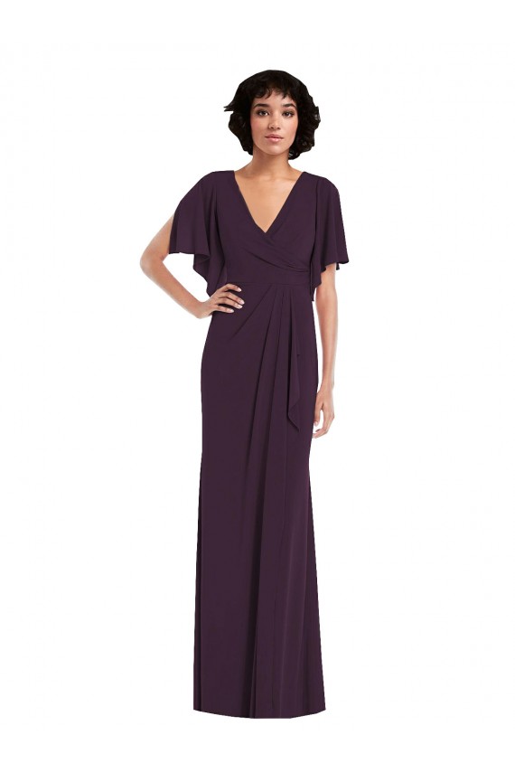 Affordable Split Sleeves V-Neck Spandex Grape Long Formal Evening Dress