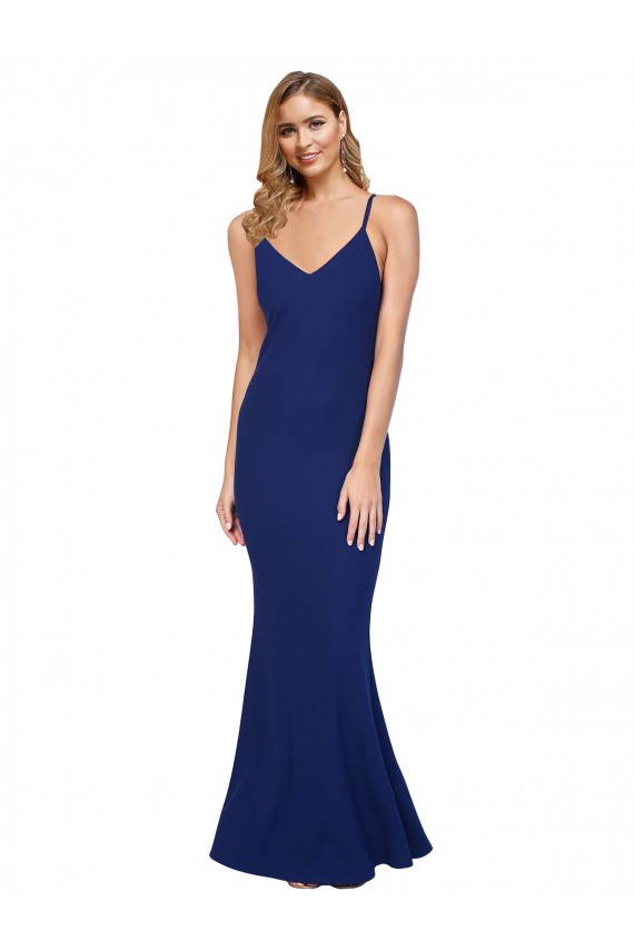 Affordable Sleeveless V-Neck Stretch Crepe Royal Blue Long Formal Dress