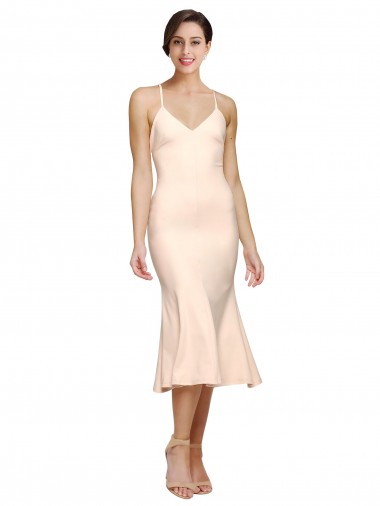 Affordable Sleeveless V-Neck Stretch Crepe Nude Midi Length Evening Dress