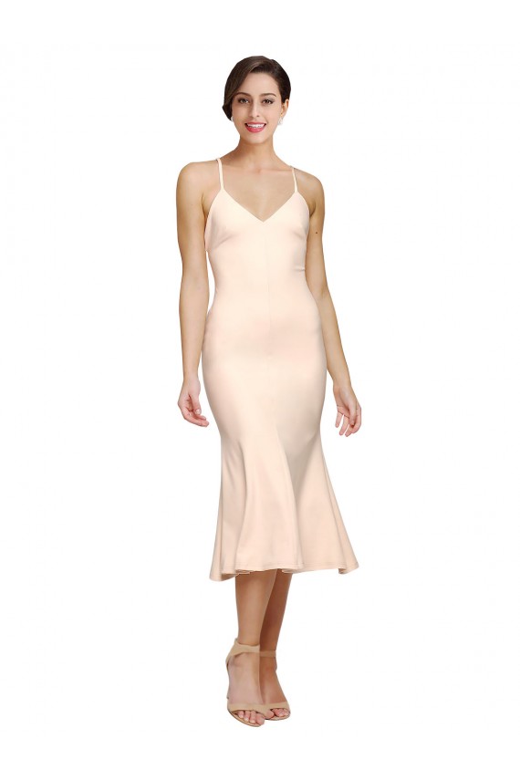 Affordable Sleeveless V-Neck Stretch Crepe Nude Midi Length Evening Dress