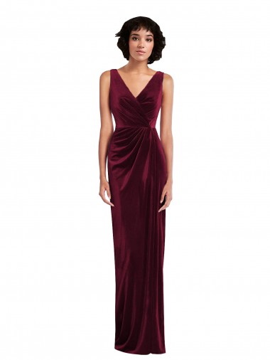 Affordable Sleeveless V-Neck Stretch Velvet Burgundy Long Semi Formal Evening Dress