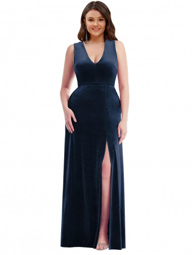 Affordable Sleeveless V-Neck Stretch Velvet Dark Navy Long Plus Size Formal Evening Dress