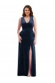 Affordable Sleeveless V-Neck Stretch Velvet Dark Navy Long Plus Size Formal Evening Dress