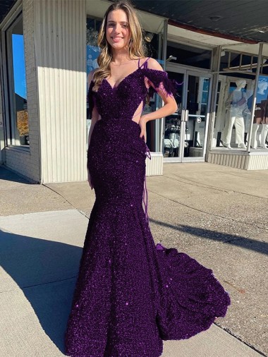 Affordable Sleeveless V-Neck Velvet Sequin Plum Purple Court Train Evening Dress