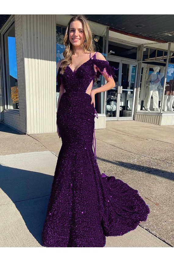 Affordable Sleeveless V-Neck Velvet Sequin Plum Purple Court Train Evening Dress