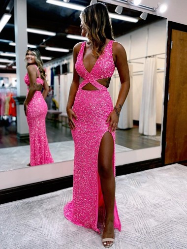 Affordable Sleeveless V-Neck Velvet Sequin Long Sweep Train Evening Dress